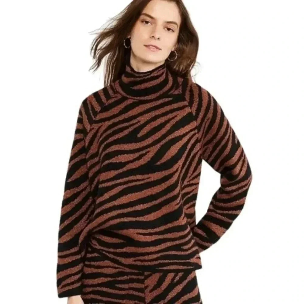 Ann Taylor Penny Brown Lurex Glitter Sparkly Zebra Mock Neck Sweater Size Medium